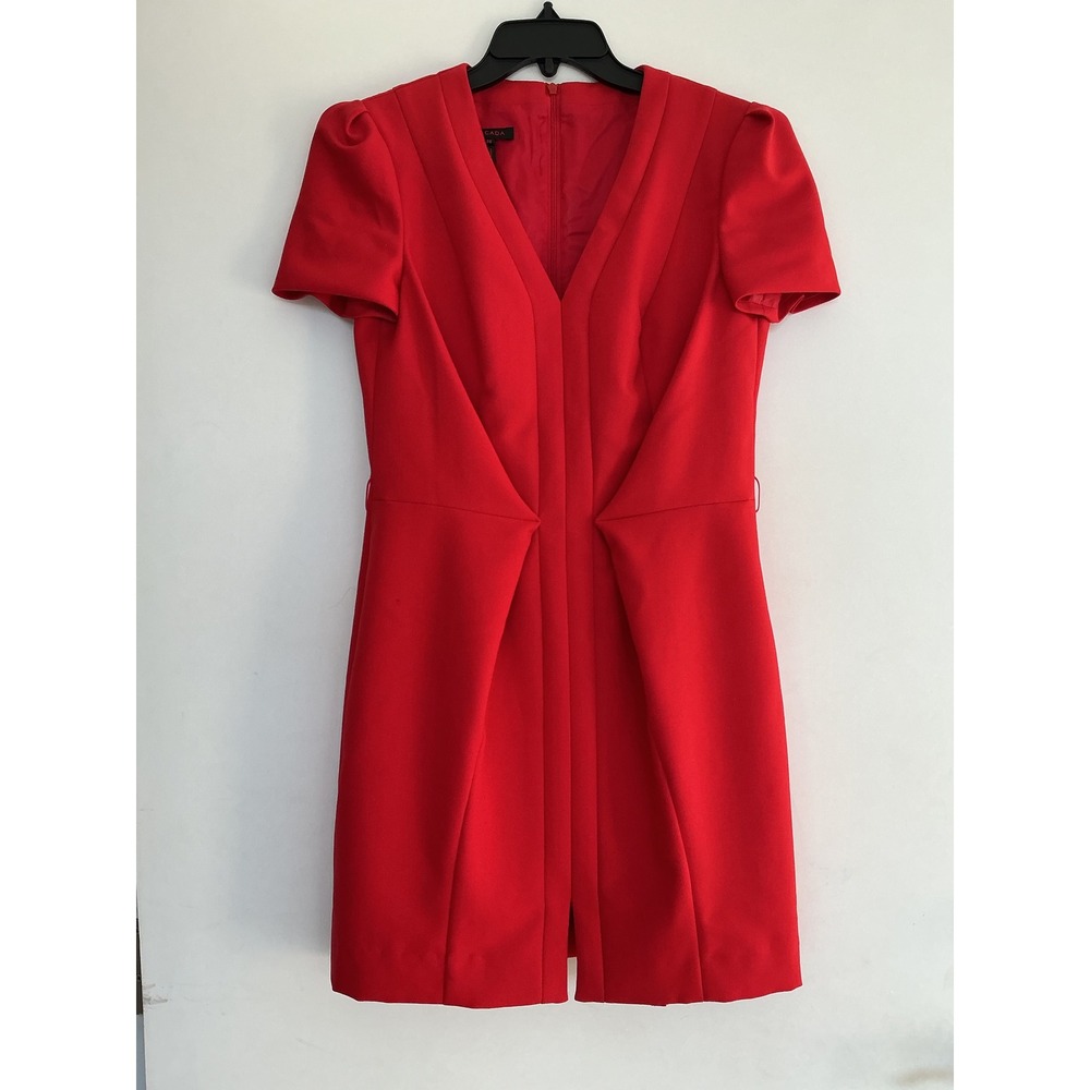 Escada V-Neck Sheath Dress Womens Sz 6/38 Red Short Sleeve Pleated Structure - Picture 4 of 9
